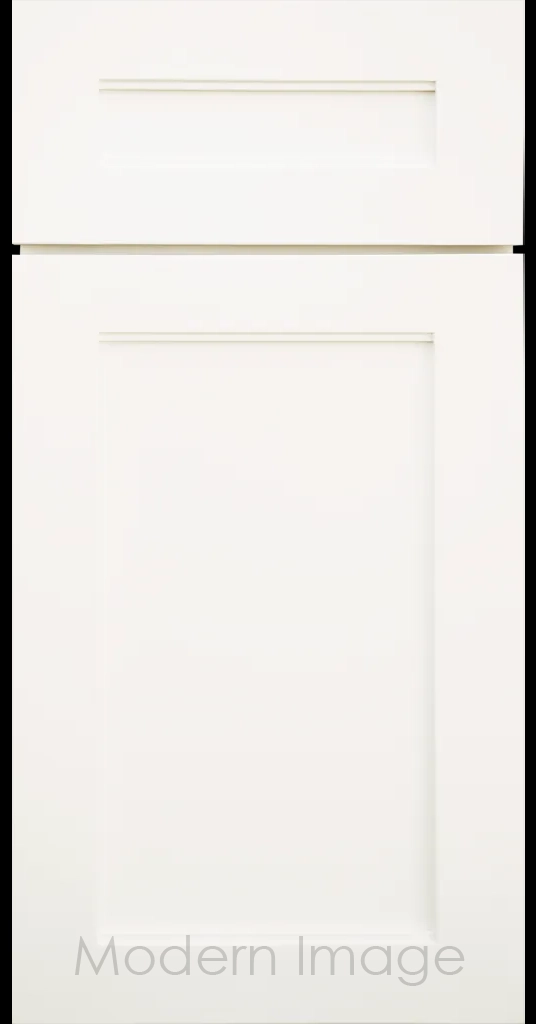 Destin shaker cabinet in Dove White featuring ledge detail and vertical joints around a recessed center panel.